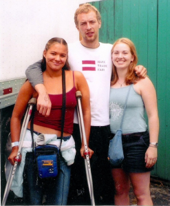 Sara and her friend Jamie with Chris Martin of Coldplay outside of The Masquerade, September 2002 